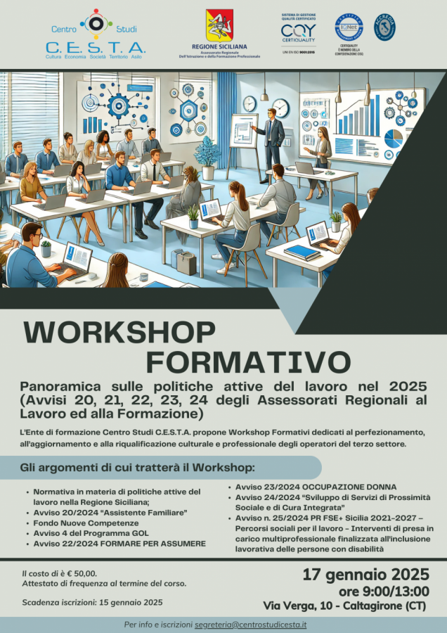 Workshop Panoramica sulle politiche attive del lavoro nel 2025 (Avvisi 20, 21, 22, 23, 24 degli Assessorati Regionali al Lavoro ed alla Formazione) 